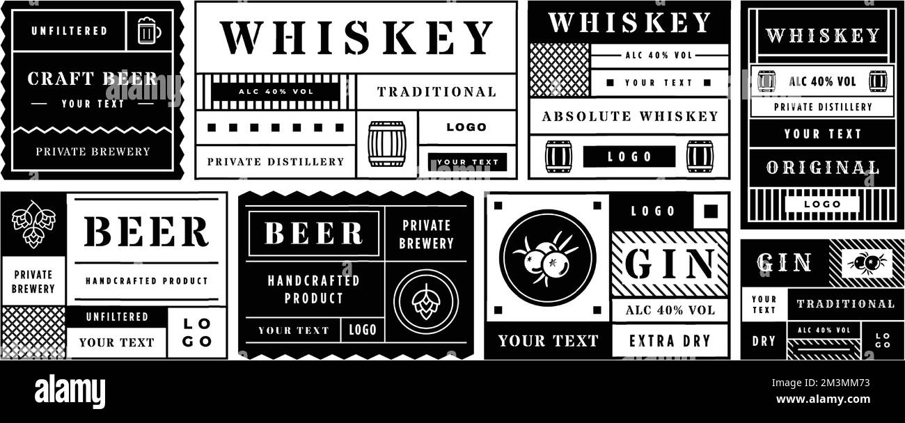 Minimal alcohol drink label template. Geometric sticker layout for craft beer, whiskey and gin bottles. Retro labels with hops and berry vector set. P Stock Vector