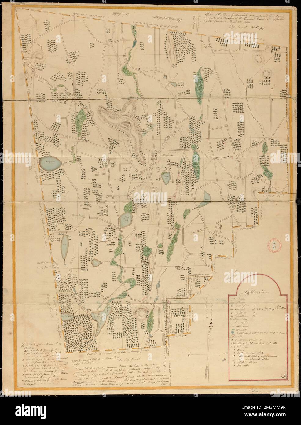 Plan of Warwick made by Jonathan Blake, Jr., dated 1830 ,. Massachusetts. Office of the Secretary of State Stock Photo