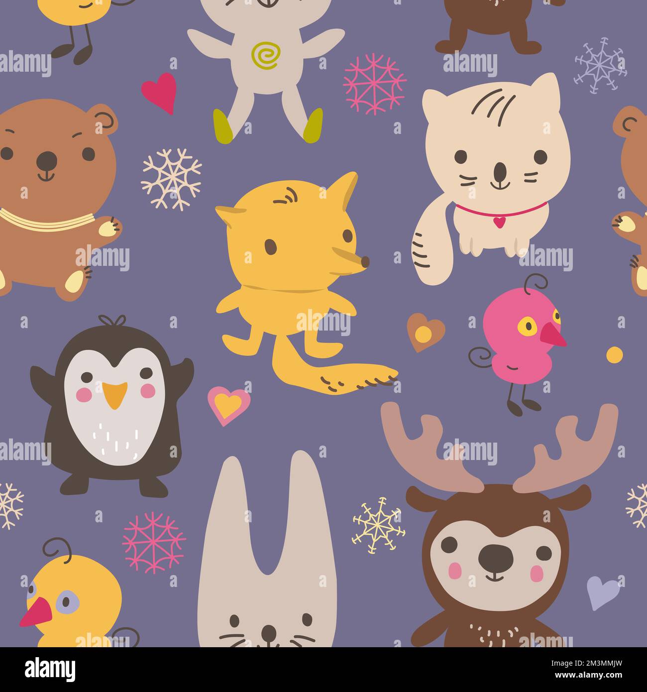 Animals hand drawn seamless pattern. Cute deer, bunny, kitty, bear, fox in sweaters, scarves cartoon winter characters. Stock Vector