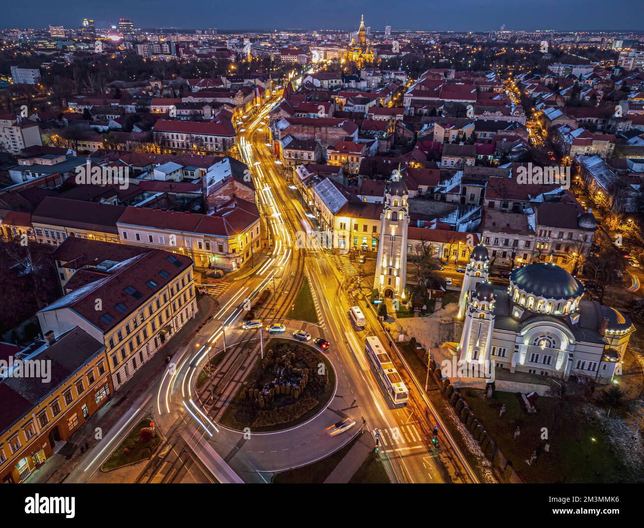 Aerial view of Timisoara\'s lights and decorations on Sinaia plaza ...