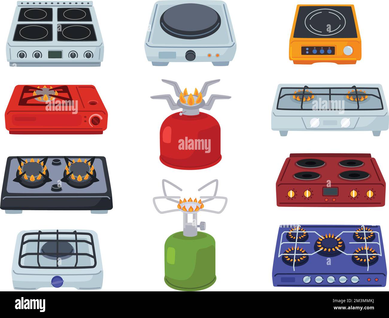 Cartoon stoves. Kitchen electric hob, camping stove gas burner and cooking fire vector illustration set of kitchen hob, and oven collection Stock Vector