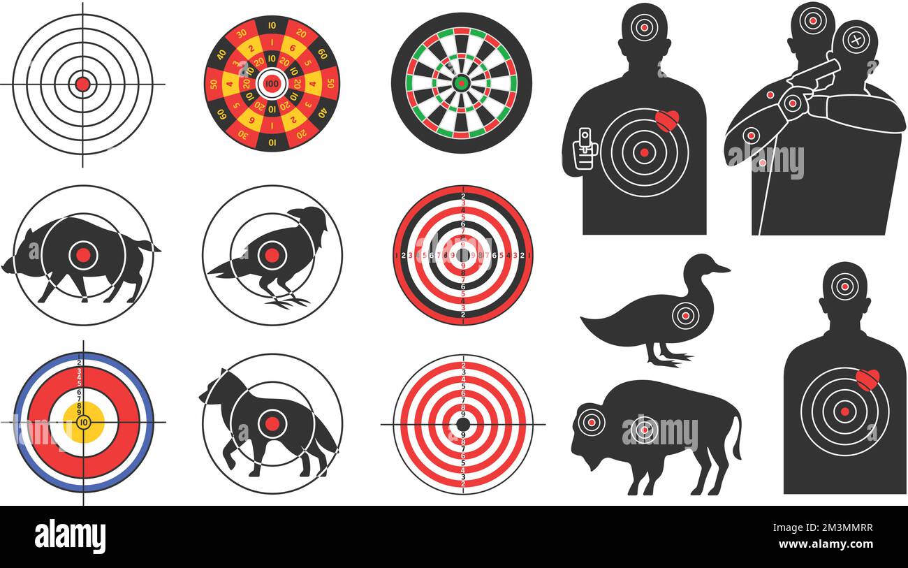 Shooting targets. Animal silhouette, armed human and hostage target for shooting range. Prints with bullseye for hunting practice vector set of target Stock Vector