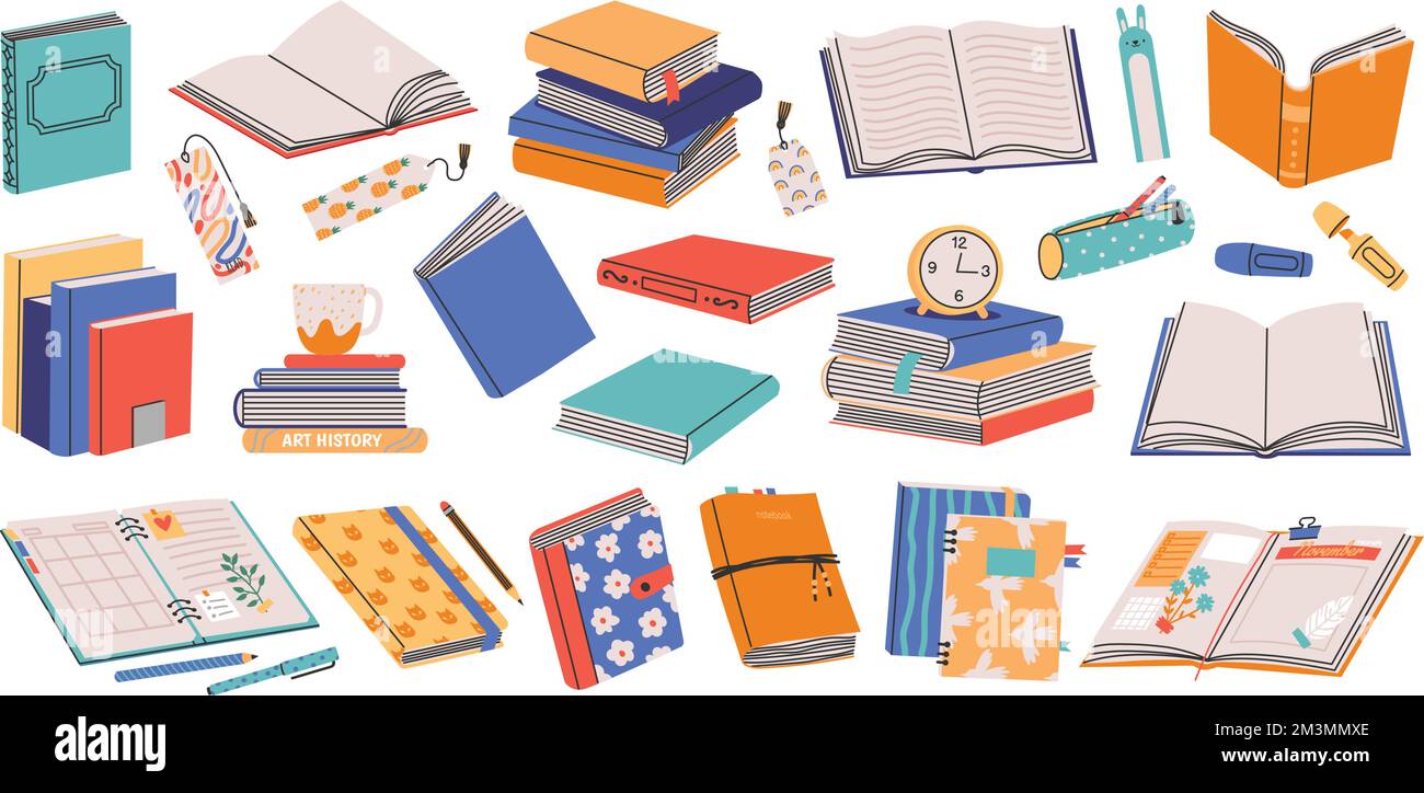 https://c8.alamy.com/comp/2M3MMXE/books-collection-stack-of-open-closed-paper-notebook-diary-textbook-dictionary-planners-with-bookmarks-cartoon-literature-vector-colorful-collectio-2M3MMXE.jpg