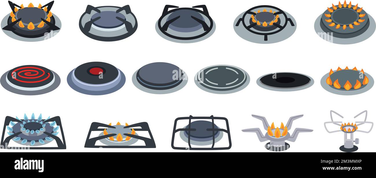 Stove burners. Electric and gas cooker, hob burner with fire flame heat and induction plate cartoon vector set of stove gas and hob for kitchen illust Stock Vector