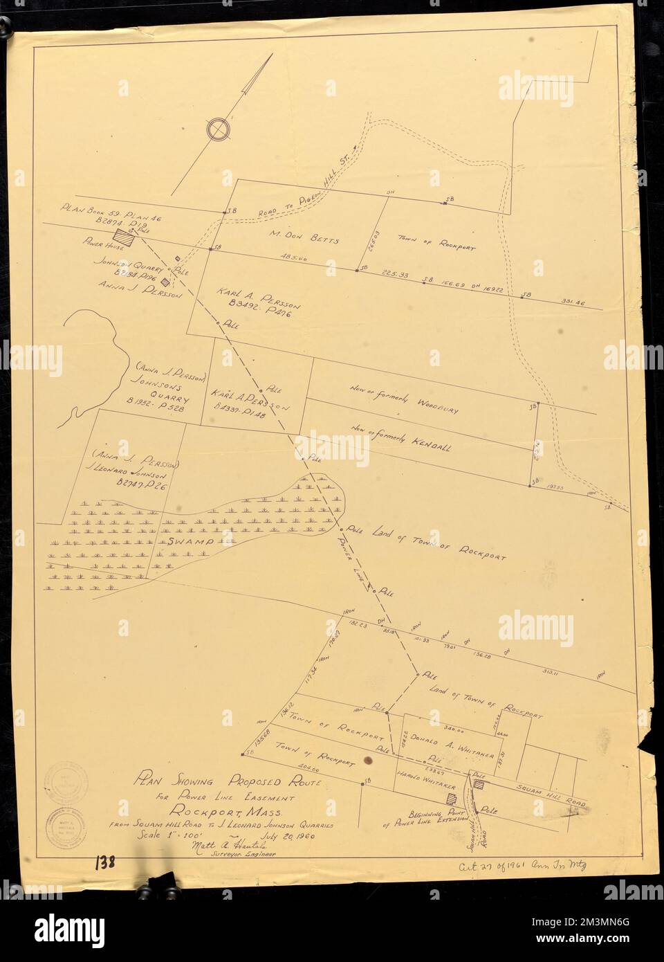 Plan showing proposed route for power line easement, Rockport, Mass