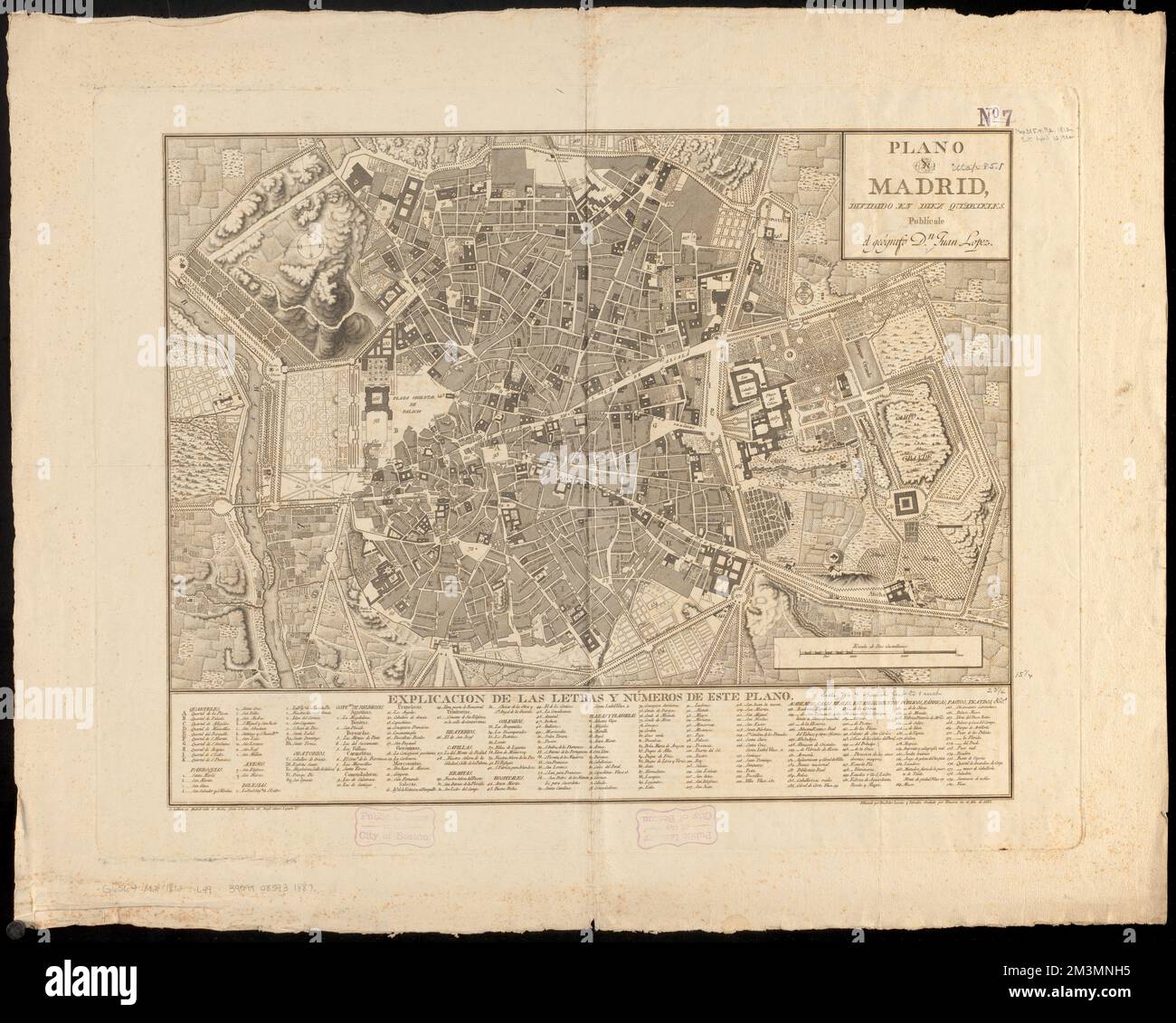 Plano de Madrid, dividido en diez quarteles , Madrid Spain, Maps, Geological cross-sections Norman B. Leventhal Map Center Collection Stock Photo