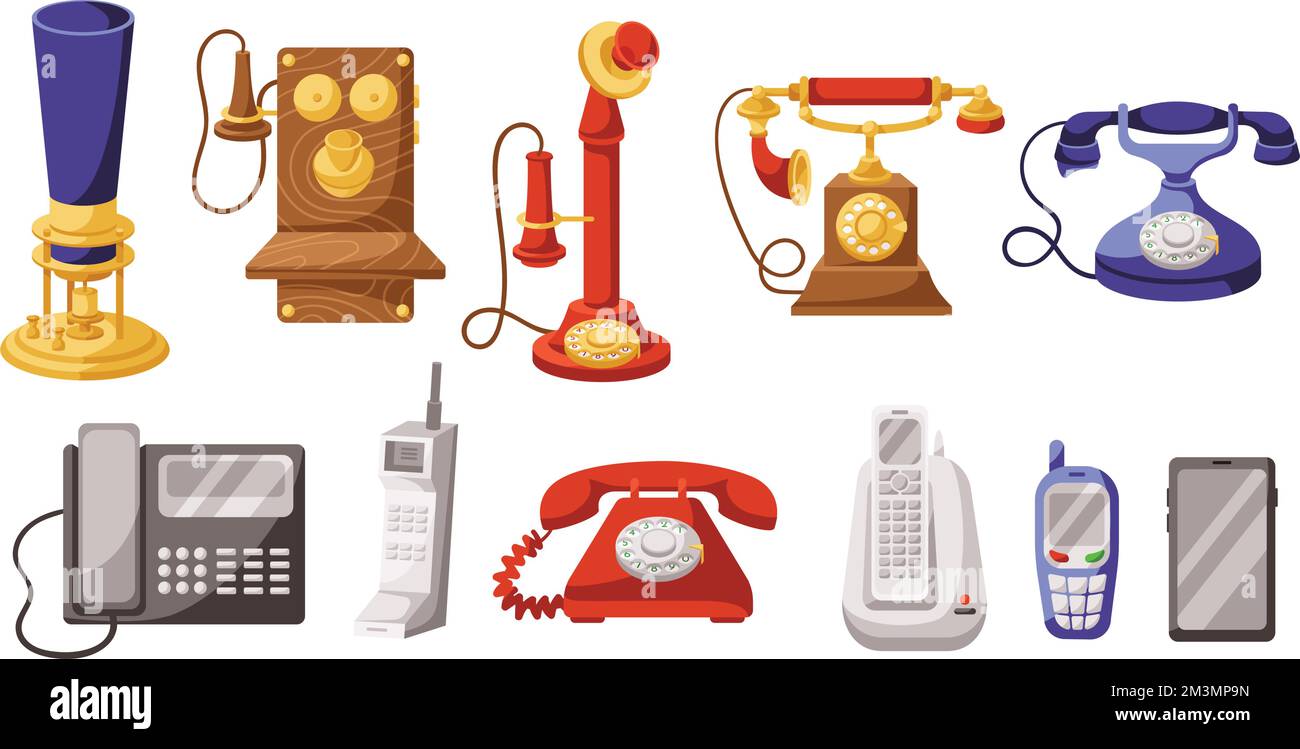Phone evolution. Telephone history from invention to modern, old vintage phone and smartphone gadget cartoon vector set of telephone history evolution Stock Vector