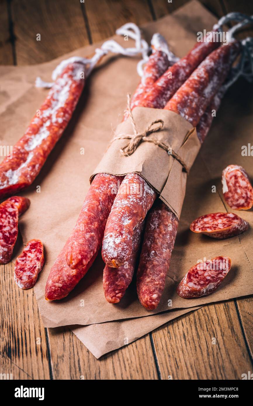 Spanish salami fuet drycured and natural fermented sausages Stock