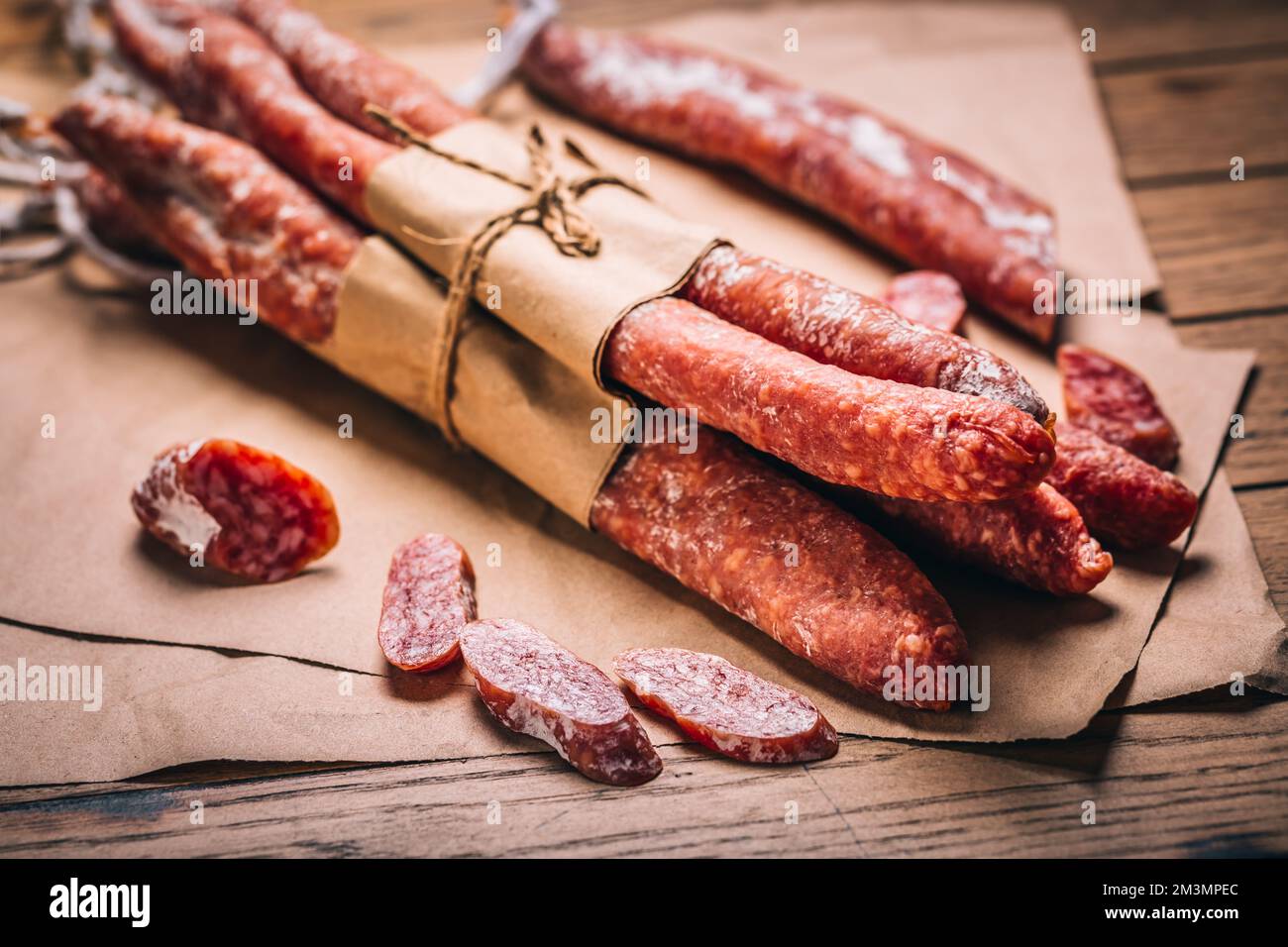 Spanish salami fuet drycured and natural fermented sausages Stock