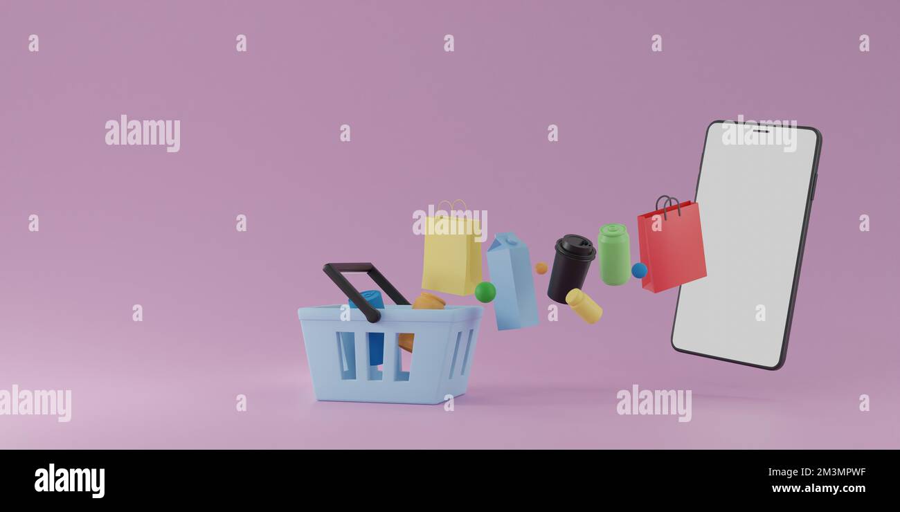 Online shopping concept with grocery fly or levitate from smartphone to