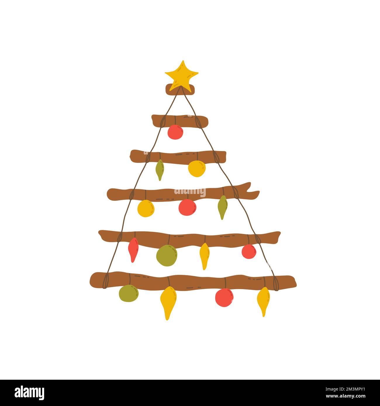 Wall Christmas tree made of wooden sticks and rope, with toys for Christmas  and New Year. Vector colorful illustration isolated hand drawn. Winter hol  Stock Vector Image & Art - Alamy