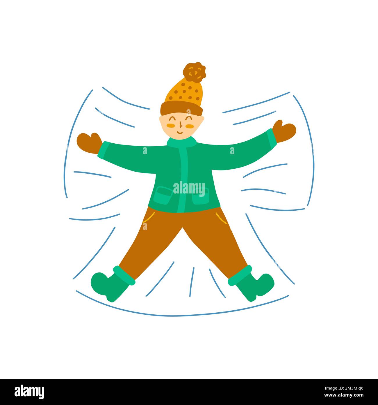 Happy boy lies on the snow and makes snow angel with his hands and feet