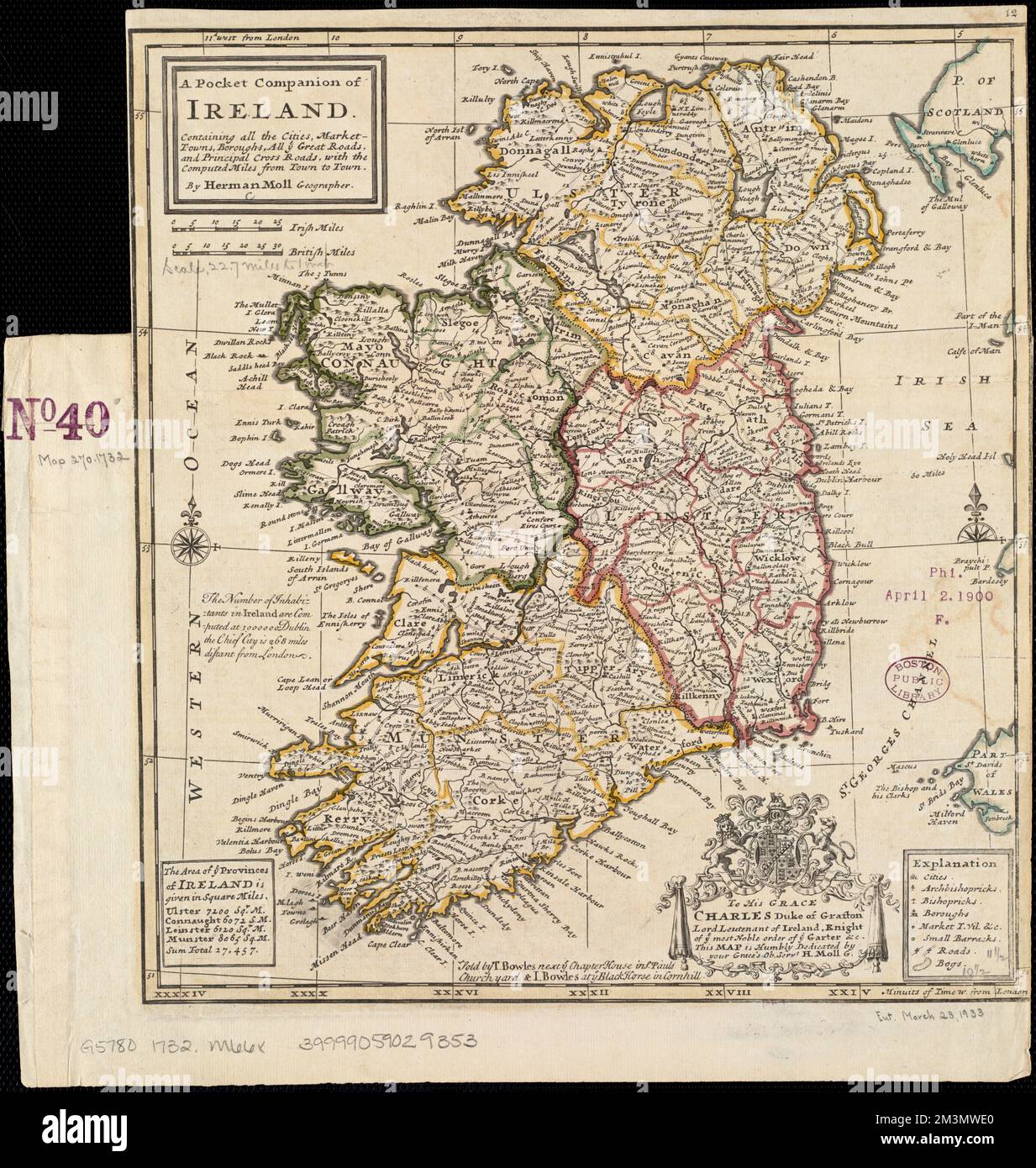 A pocket companion of Ireland : containing all the cities, market towns, boroughs, all ye great roads, and principal cross roads with the computed miles from town to town , Roads, Ireland, Maps, Early works to 1800, Ireland, Maps, Early works to 1800 Norman B. Leventhal Map Center Collection Stock Photo