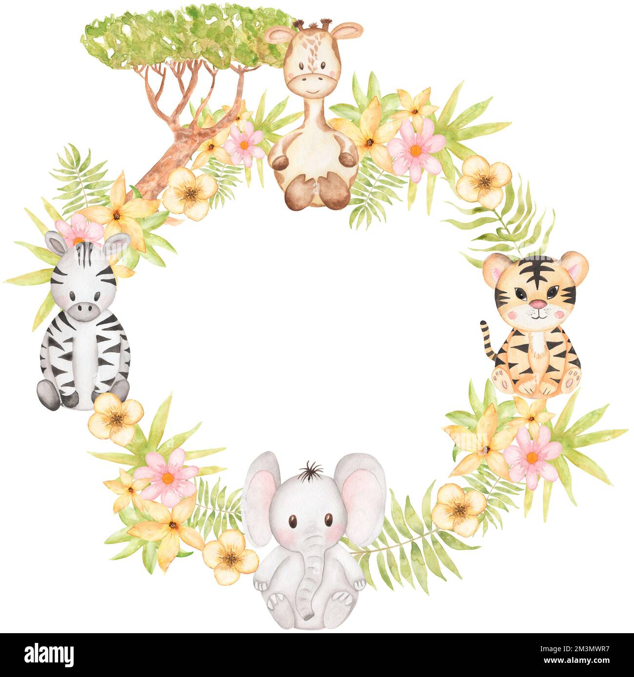 Watercolor safari animals and tropical florals bouquet illustration. Green  tropic leaves wreath. Monstera leaf. Summer flowers clipart. Beach floral a  Stock Photo - Alamy