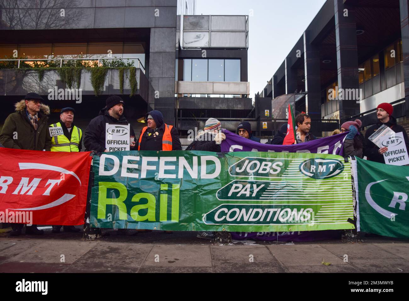 London, UK. 16th December 2022. RMT picket line outside Euston Station as rail strikes continue