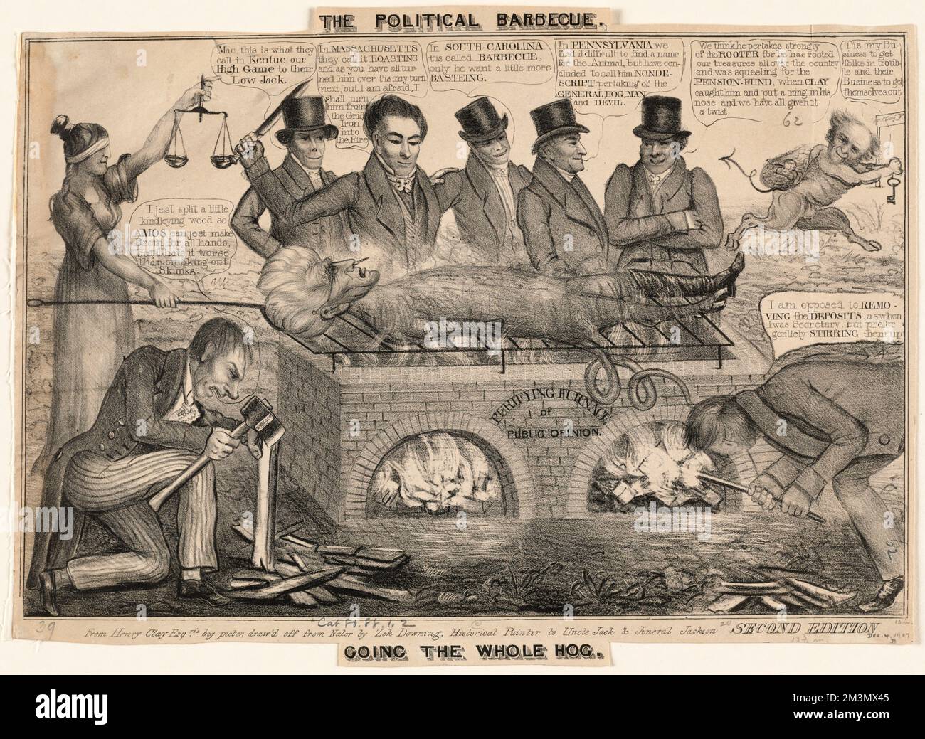 The political barbecue. Going the whole hog. , Public opinion, Furnaces, Economic policy, Presidents, Jackson, Andrew, 1767-1845, Van Buren, Martin, 1782-1862, Clay, Henry, 1777-1852, Duane, William J. William John, 1780-1865, Preston, William Ballard, 1805-1862, Webster, Daniel, 1782-1852, Bank of the United States 1816-1836 Stock Photo