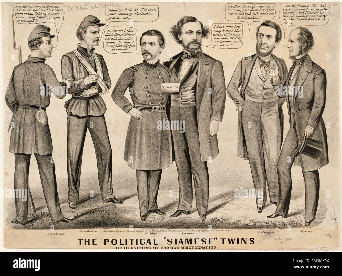 The political 'Siamese' twins, the offspring of Chicago miscegenation , Presidential elections, Politicians, Soldiers, United States, History, Civil War, 1861-1865, McClellan, George B. George Brinton, 1826-1885, Pendleton, George H. George Hunt, 1825-1889, Seymour, Horatio, 1810-1886, Vallandigham, Clement L. Clement Laird, 1820-1871 Stock Photo