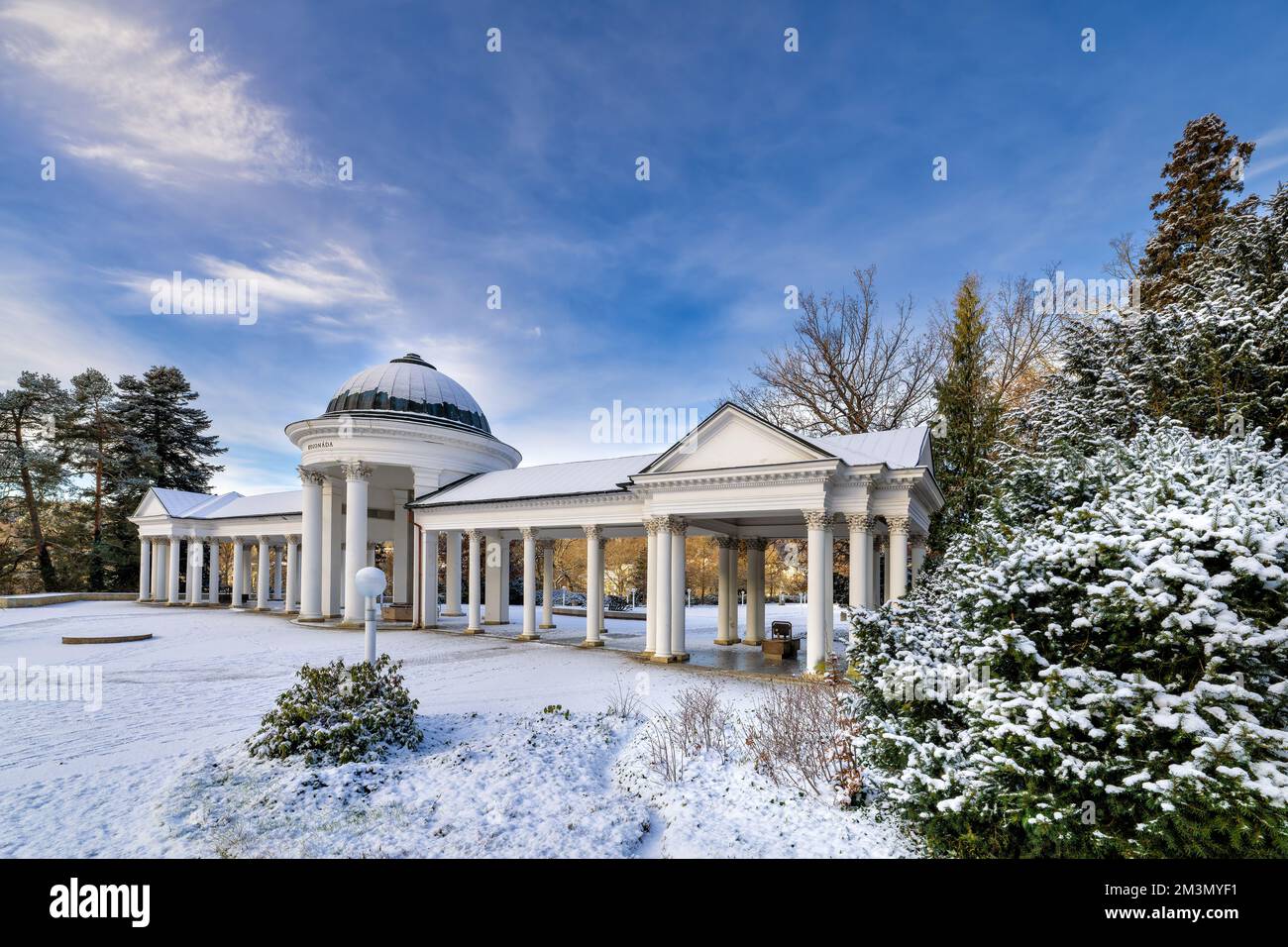 Colonnade (Kolonáda in Czech) of the cold mineral water springs Caroline and Rudolf - center of the famous small west Bohemian spa town - Stock Image
