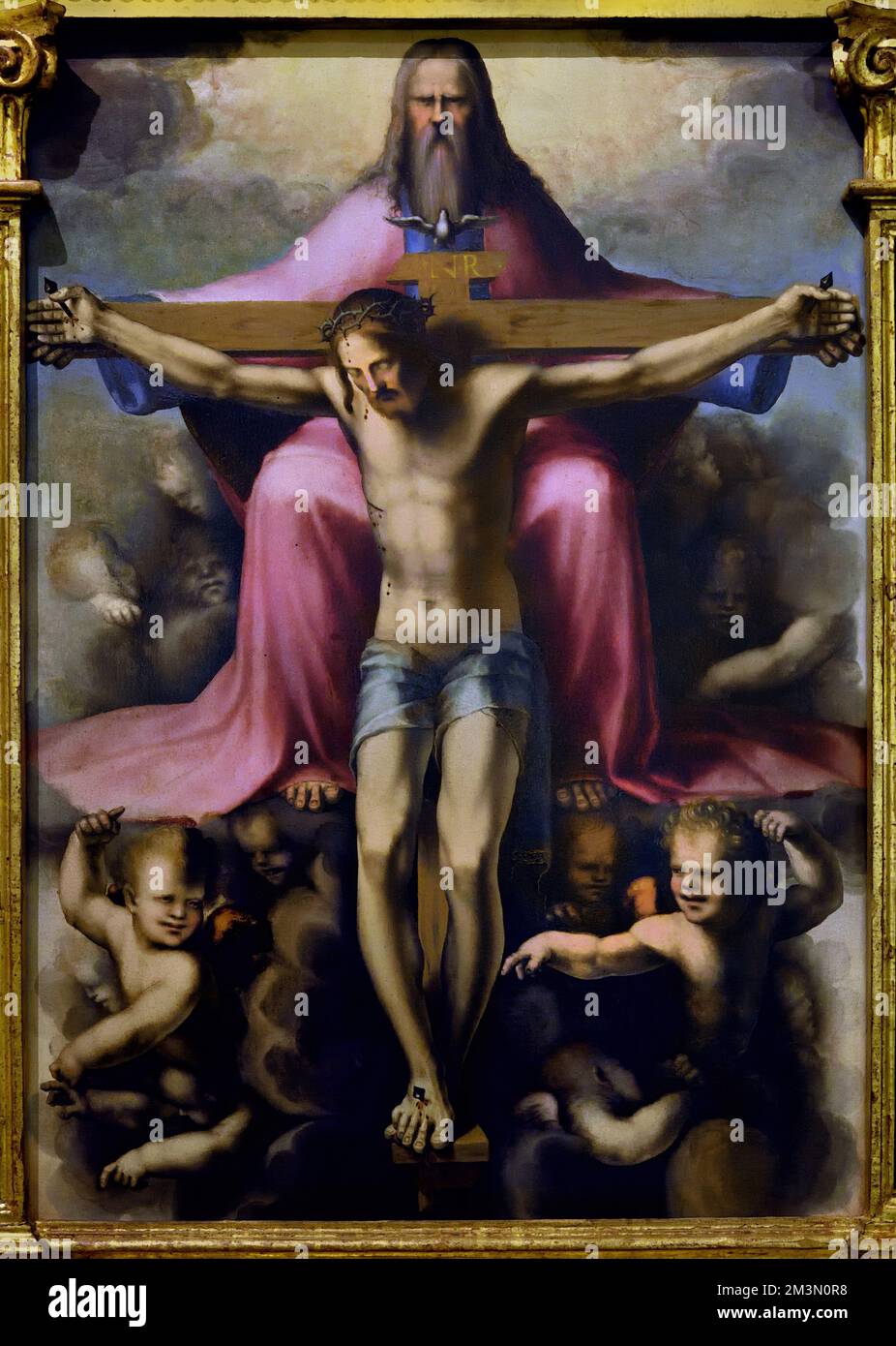 Trinity 1513 byDomenico di Pace ( Beccafumi ), 1484-1551 Christian Art, Italy, Italian. ( Saints, Cosmas, John the Baptist, Saints John the Evangelist and Damian,) Stock Photo