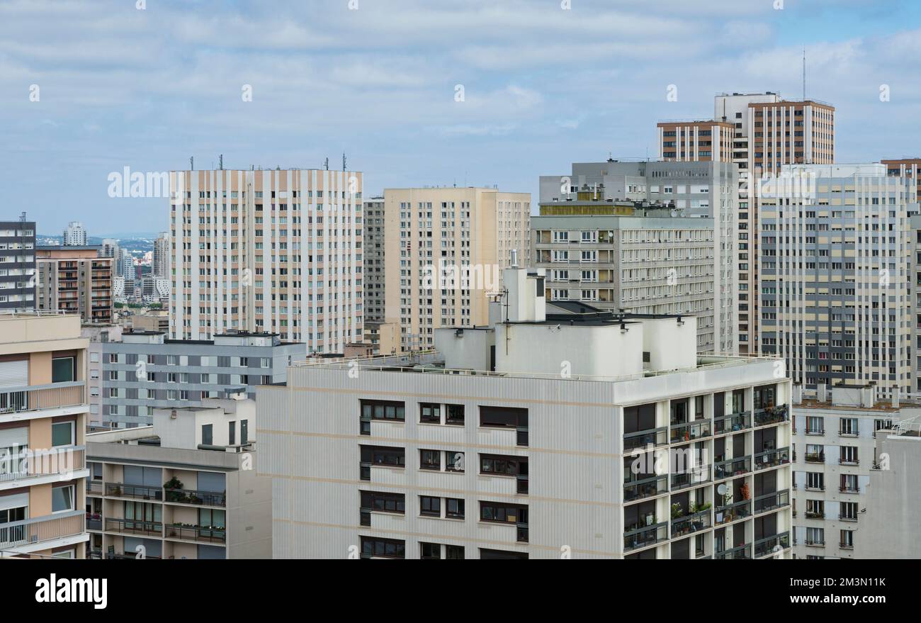 Aerial view of the residential area of Beleville in Paris with light-colored buildings for housing. Stock Photo