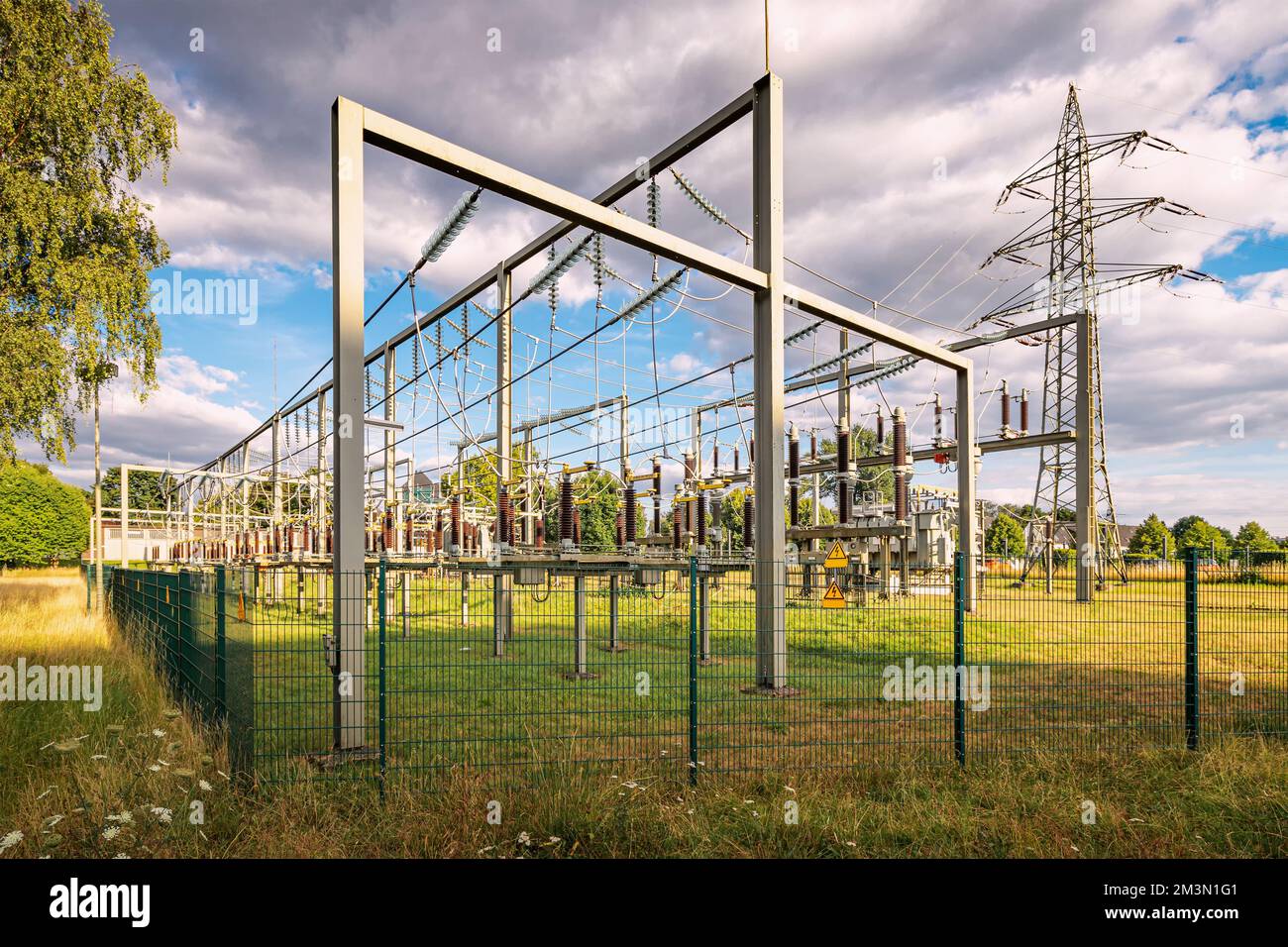 electrical substation with various voltage converters and transformers