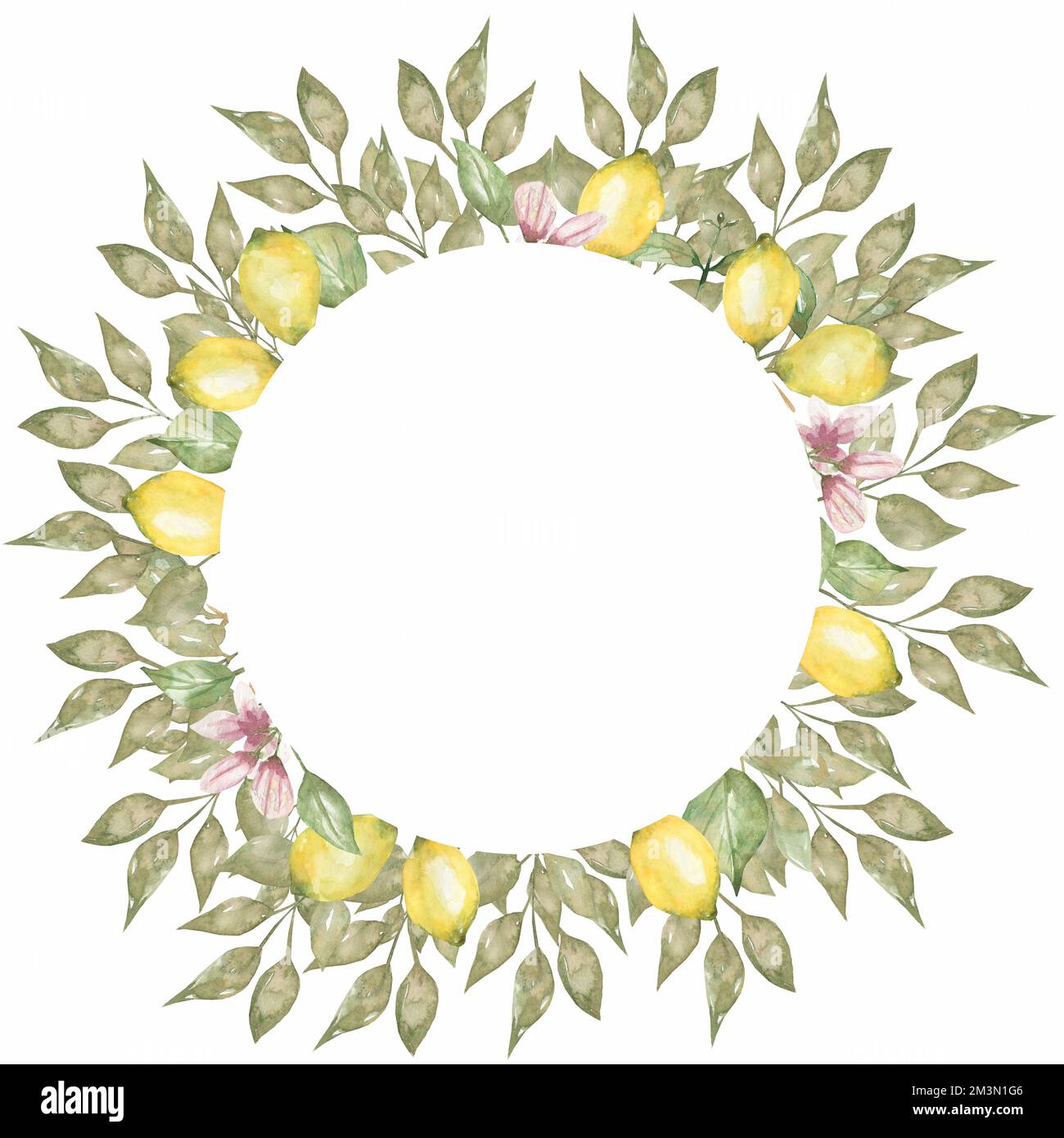 Hand drawn round wreath of watercolor lemon with flowers and leaves ...