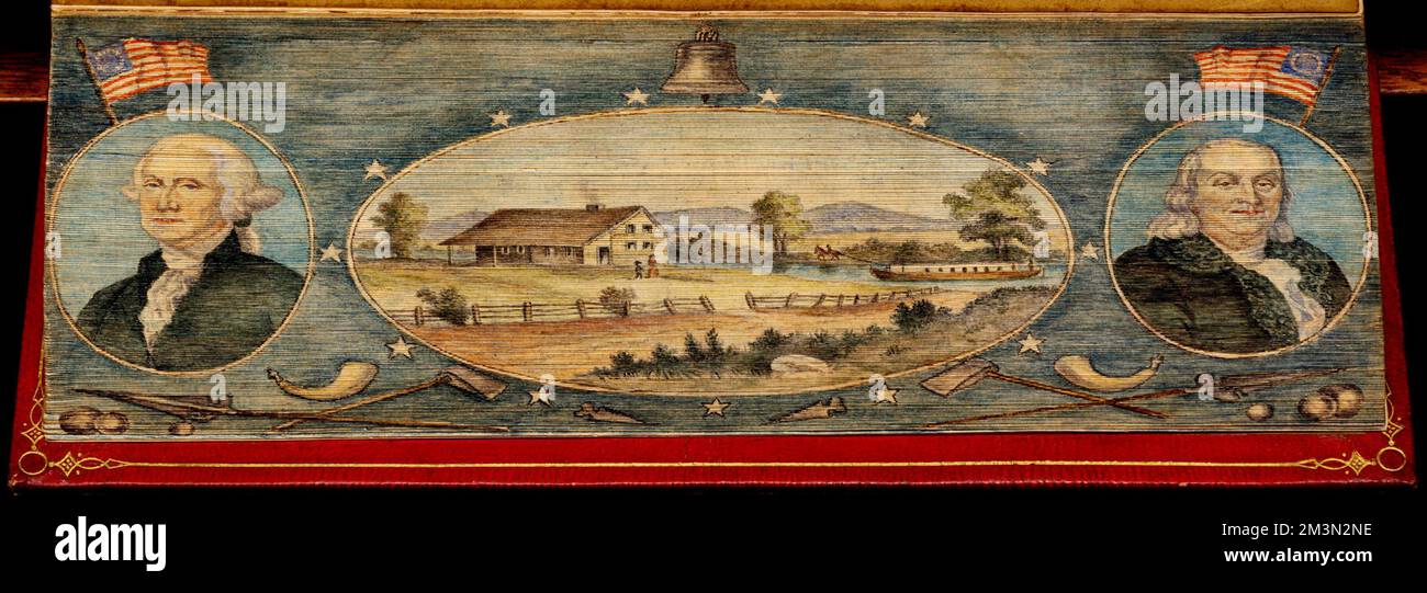 Portraits of Washington and Benjamin Franklin alongside view of