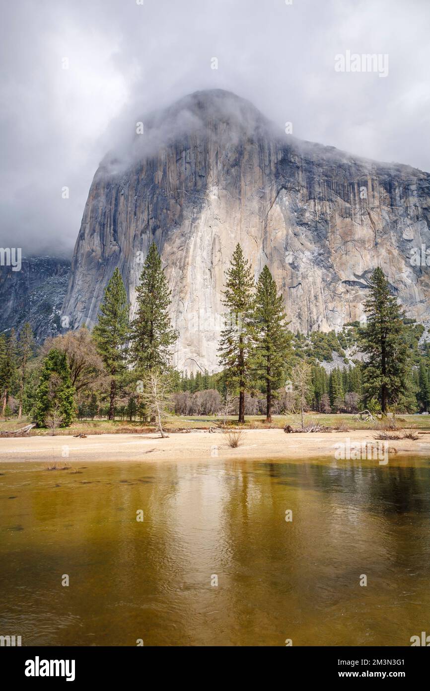 El Capitan reflected in Merced River, Yosemite Valley, Yosemite National Park Stock Photo
