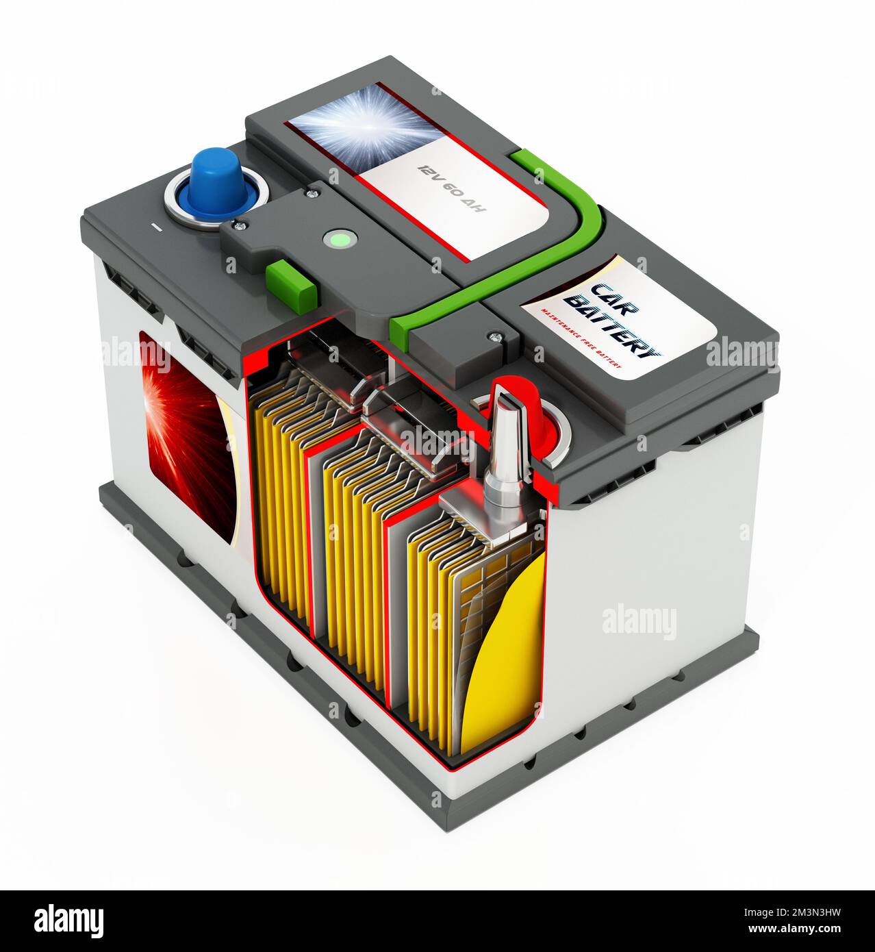 3D illlustration of a generic car battery showing a portion of the