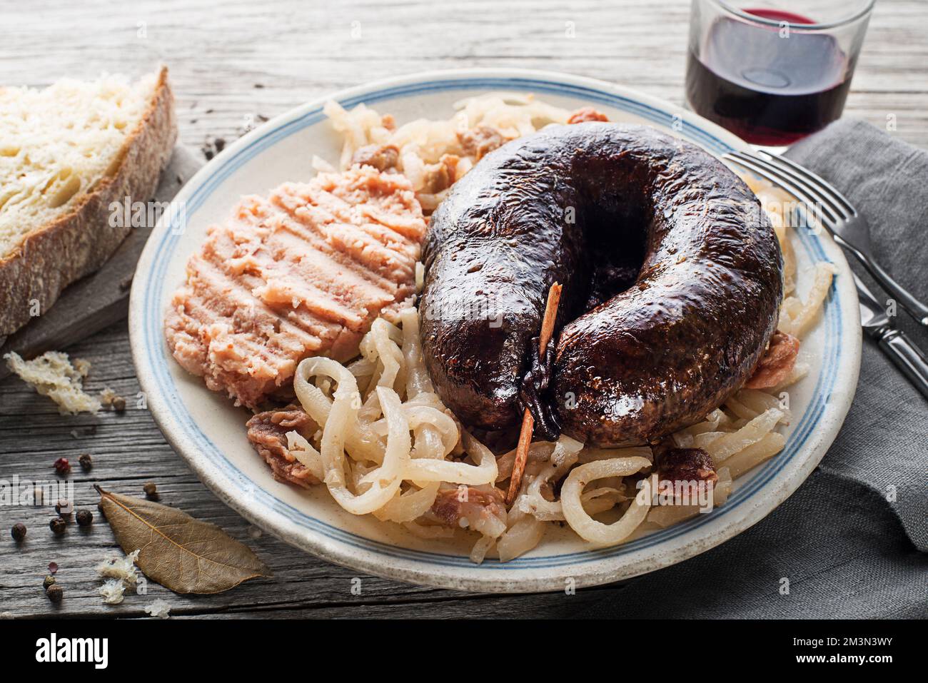 Bloody sausage morcilla, stewed sauer turnip and mashed potato with
