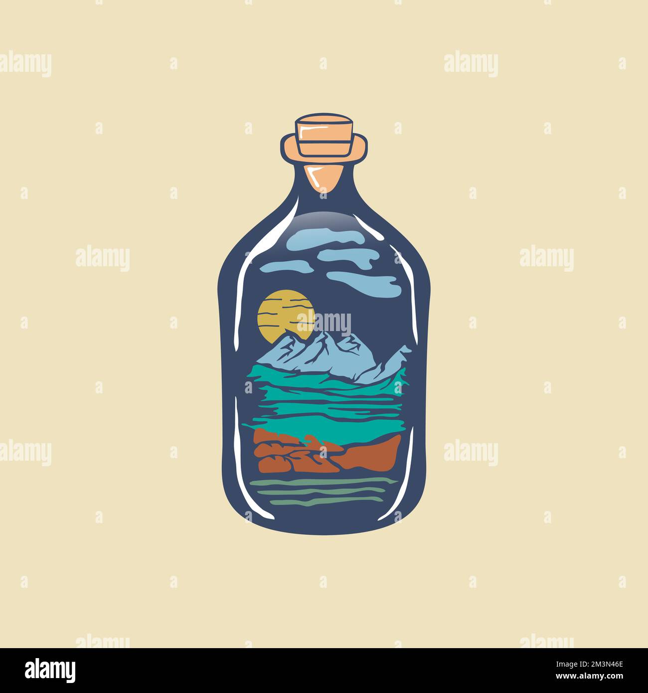 Hand drawn travel badge with mountains in a bottle textured vector illustration.EPS 10 Stock Vector