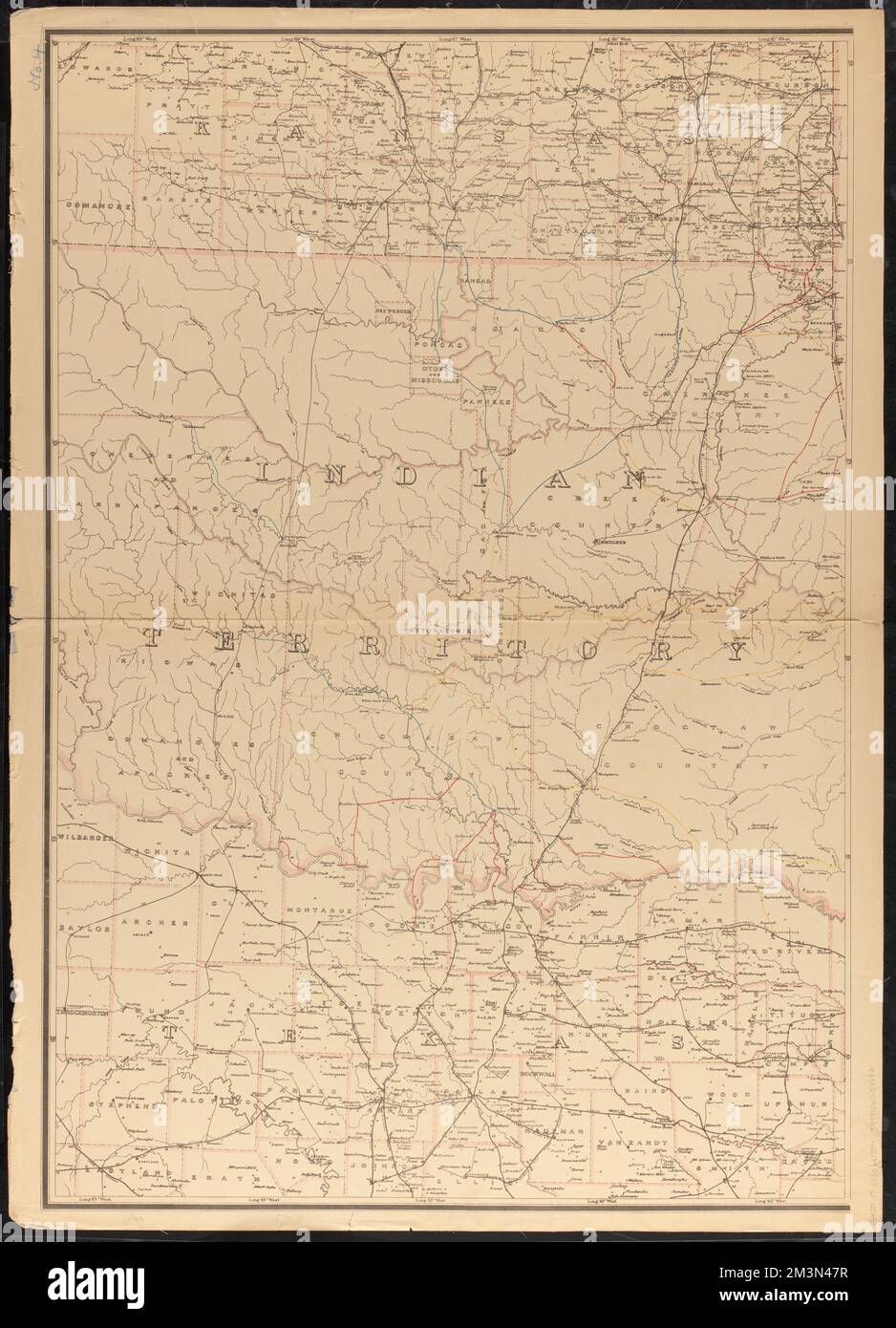 Post route map of the state of Arkansas and of the Indian Territory, with adjacent portions of Mississippi, Tennessee, Missouri, Kansas, Texas and Louisiana : showing post offices, with the intermediate distances between them and mail routes in operation on 1st August 1883 , Postal service, Arkansas, Maps, Postal service, Oklahoma, Maps, Arkansas, Maps, Oklahoma, Maps, Indian Territory, Maps Norman B. Leventhal Map Center Collection Stock Photo