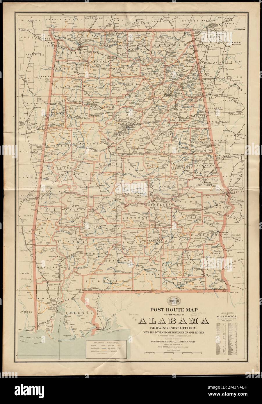 Post route map of the State of Alabama showing post offices with the