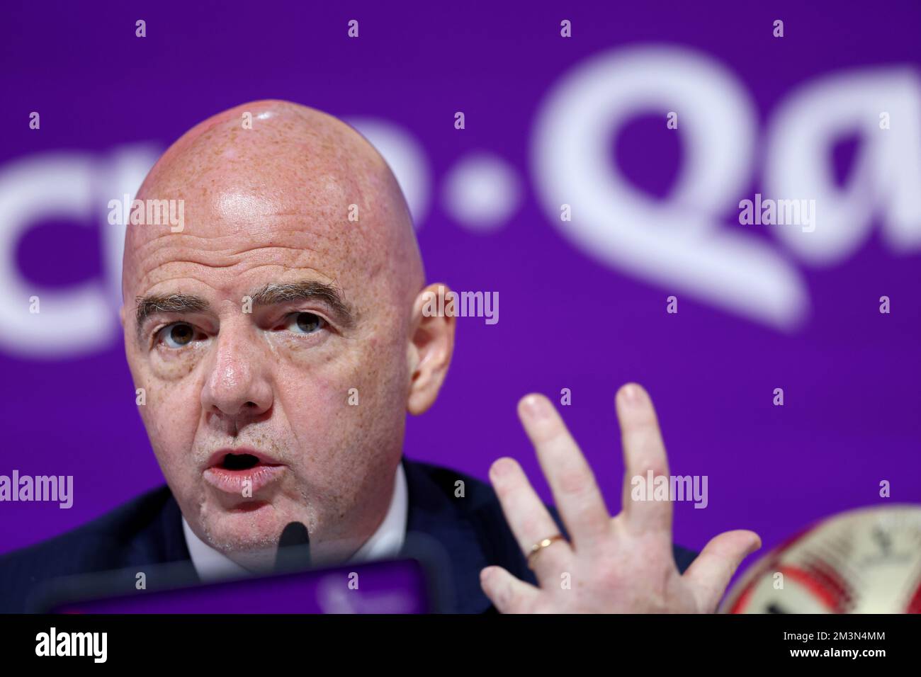 Doha, Qatar. 16th Dec, 2022. 2022 FIFA World Cup Press Conference before  Final Games Dec 16th. Gianni Infantino, President of FIFA speaking to the  press Credit: Action Plus Sports Images/Alamy Live News