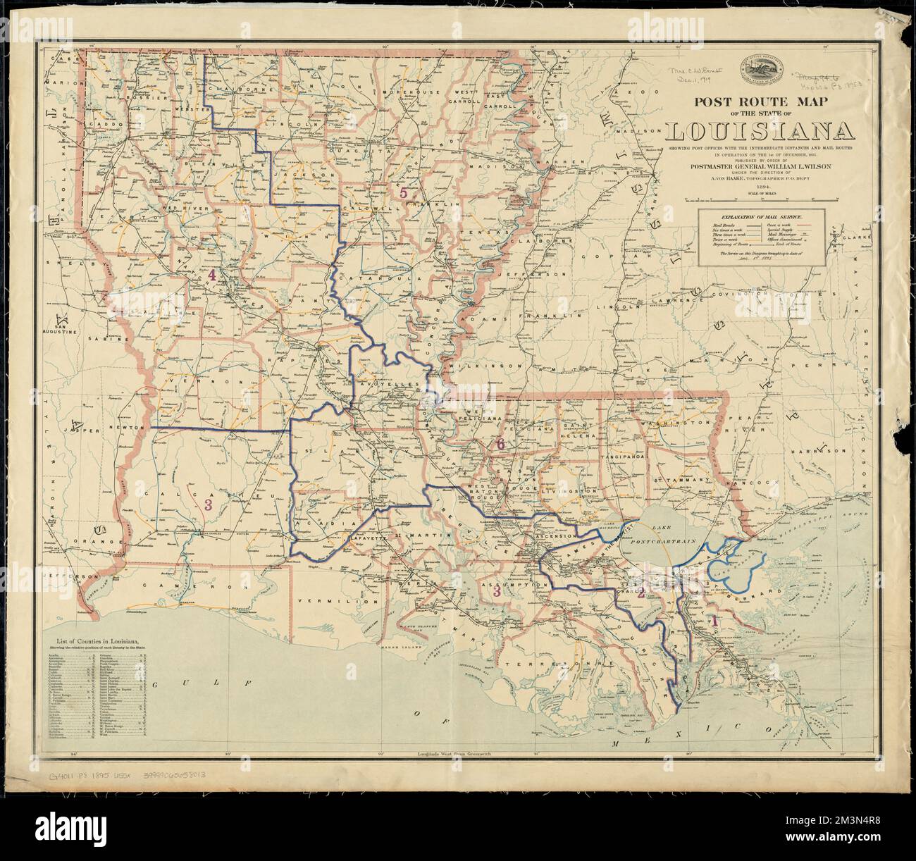 Post route map of the State of Louisiana showing post offices with the