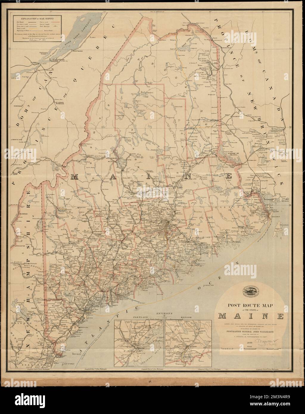 Post route map of the State of Maine showing post offices with the intermediate distances and