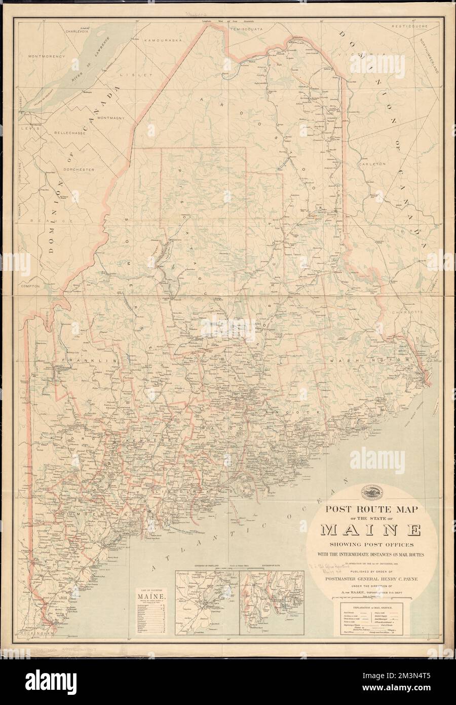Post route map of the state of Maine showing post offices with the