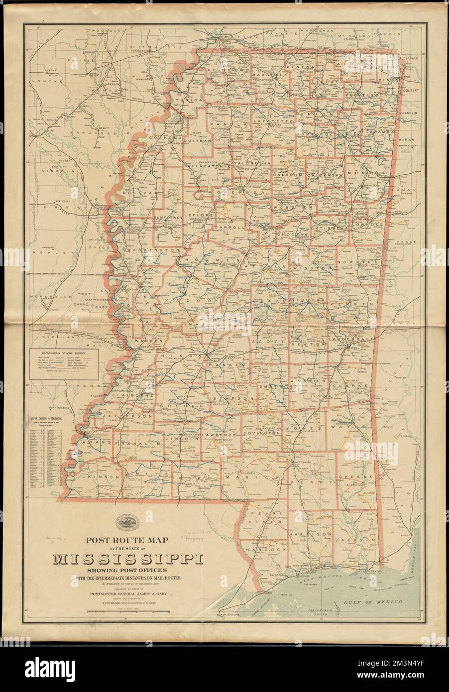 Post route map of the state of Mississippi showing post offices with