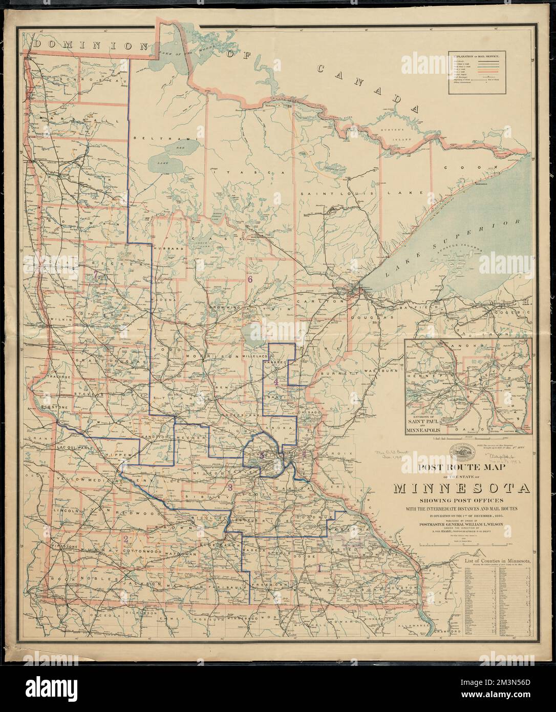 Post route map of the State of Minnesota showing post offices with the intermediate distances
