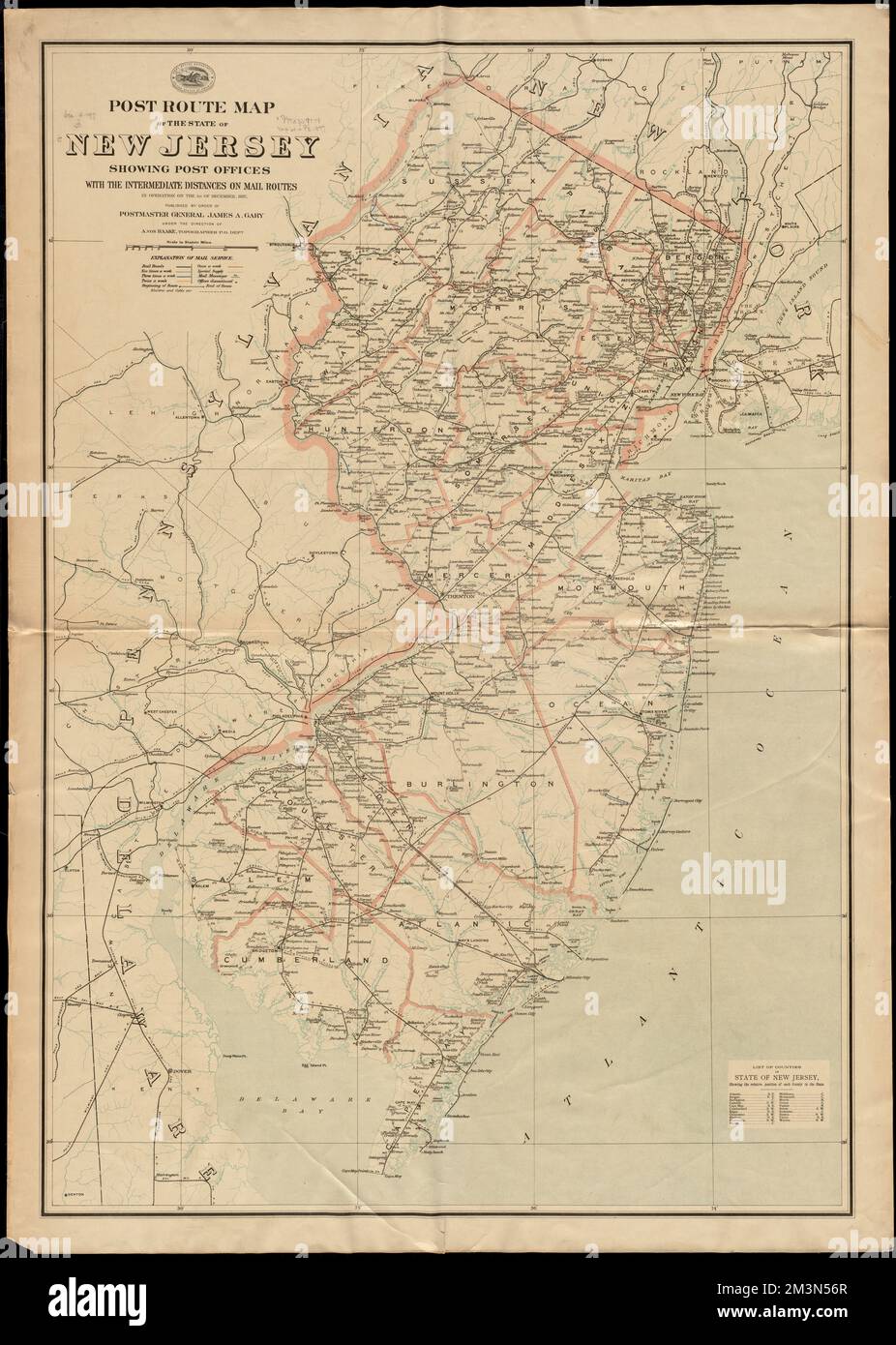 Post route map of the state of New Jersey showing post offices with the