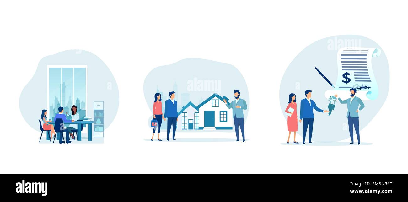 Vector of a real estate broker making a house presentation to a young couple Stock Vector