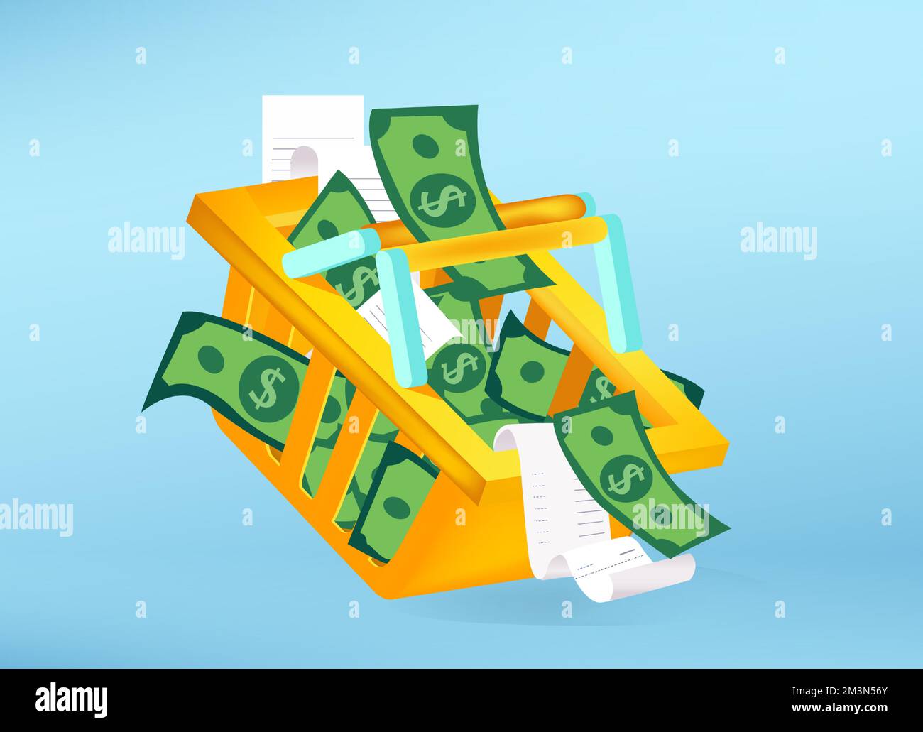 Vector of a food basket full of dollar banknotes and receipts Stock Vector