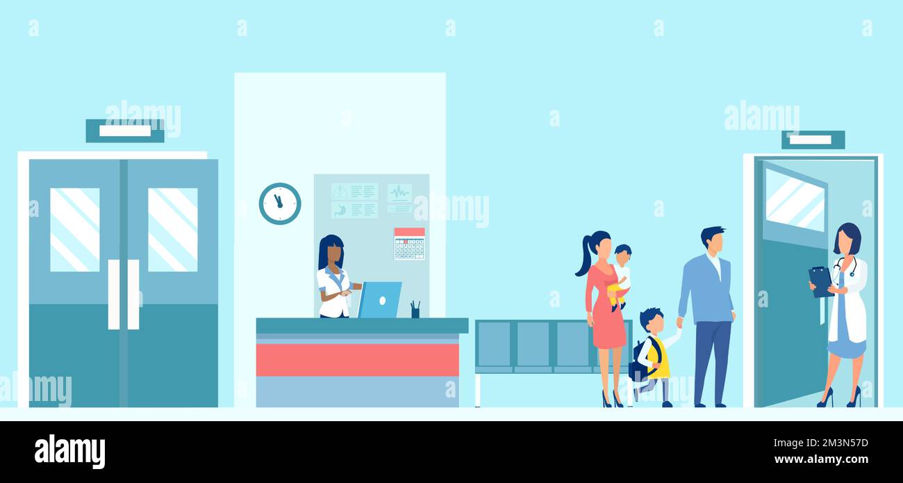 Vector of a young family with two kids visiting a hospital for consultation Stock Vector