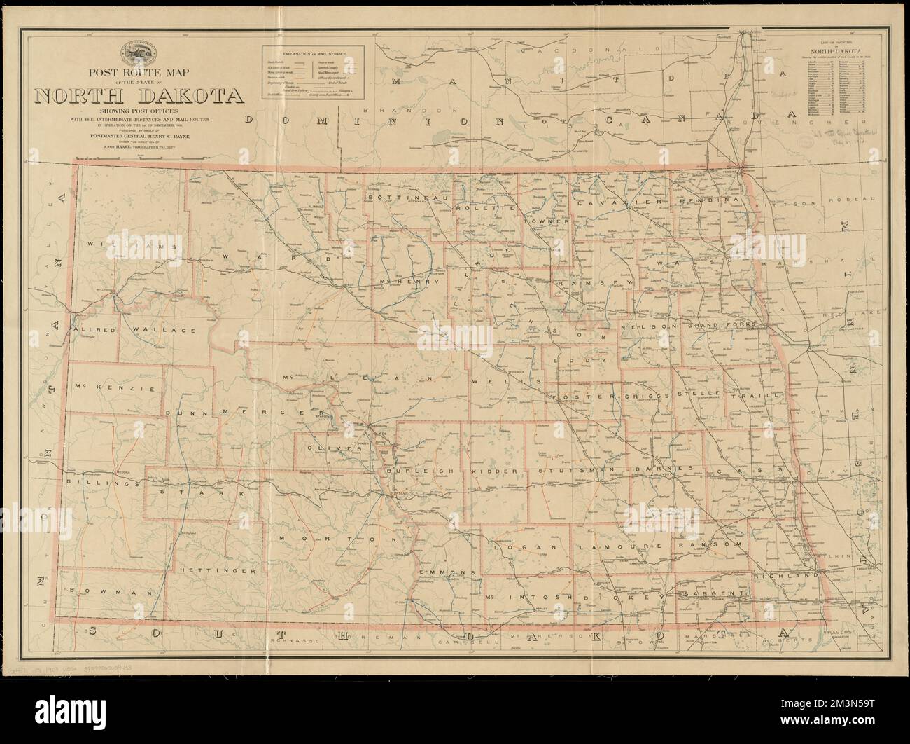 Post route map of the state of North Dakota showing post offices with