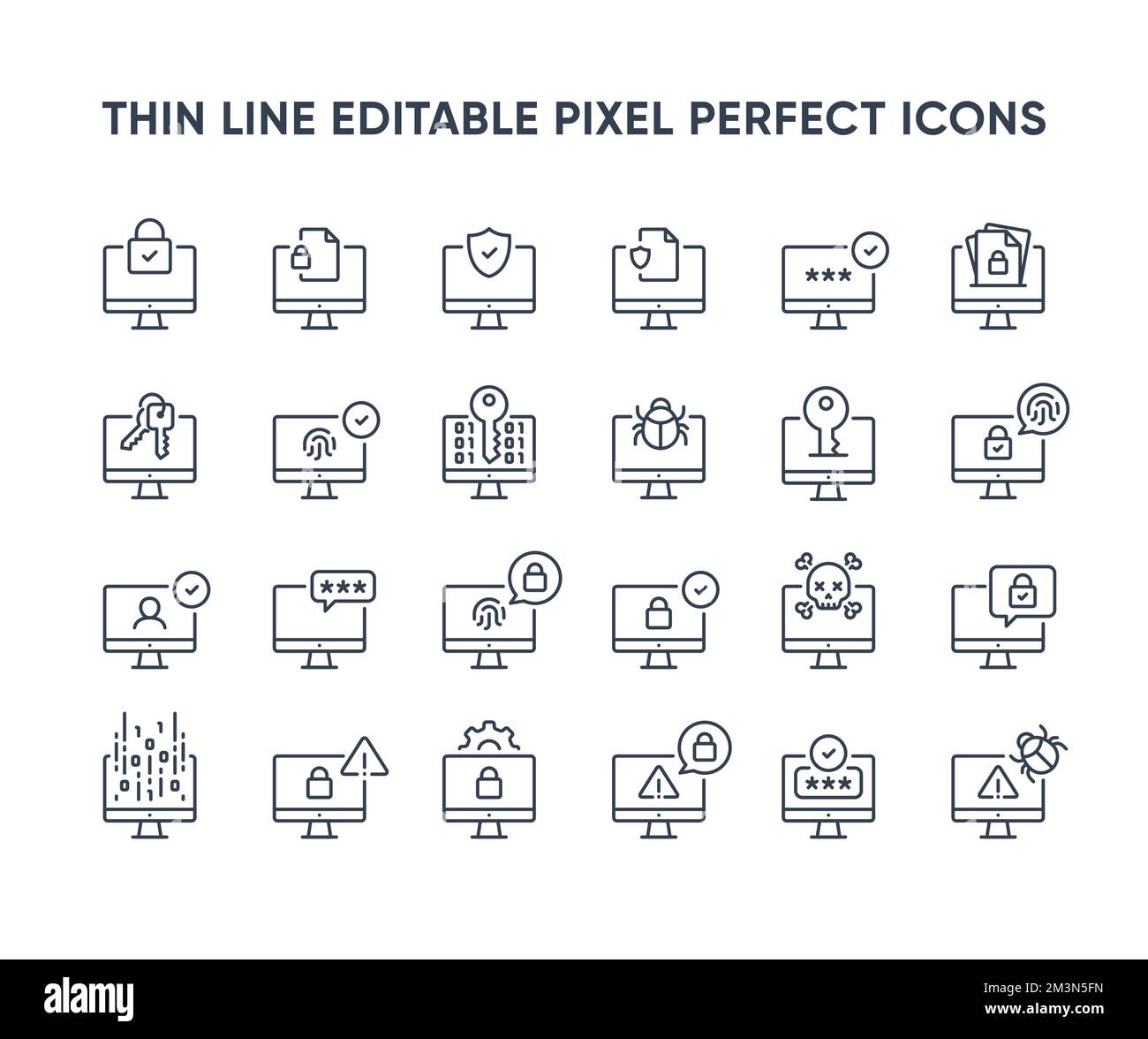 Desktop security vector line icons. Computer privacy and protection icon collection. Computer network security symbols. Editable pixel perfect Stock Vector