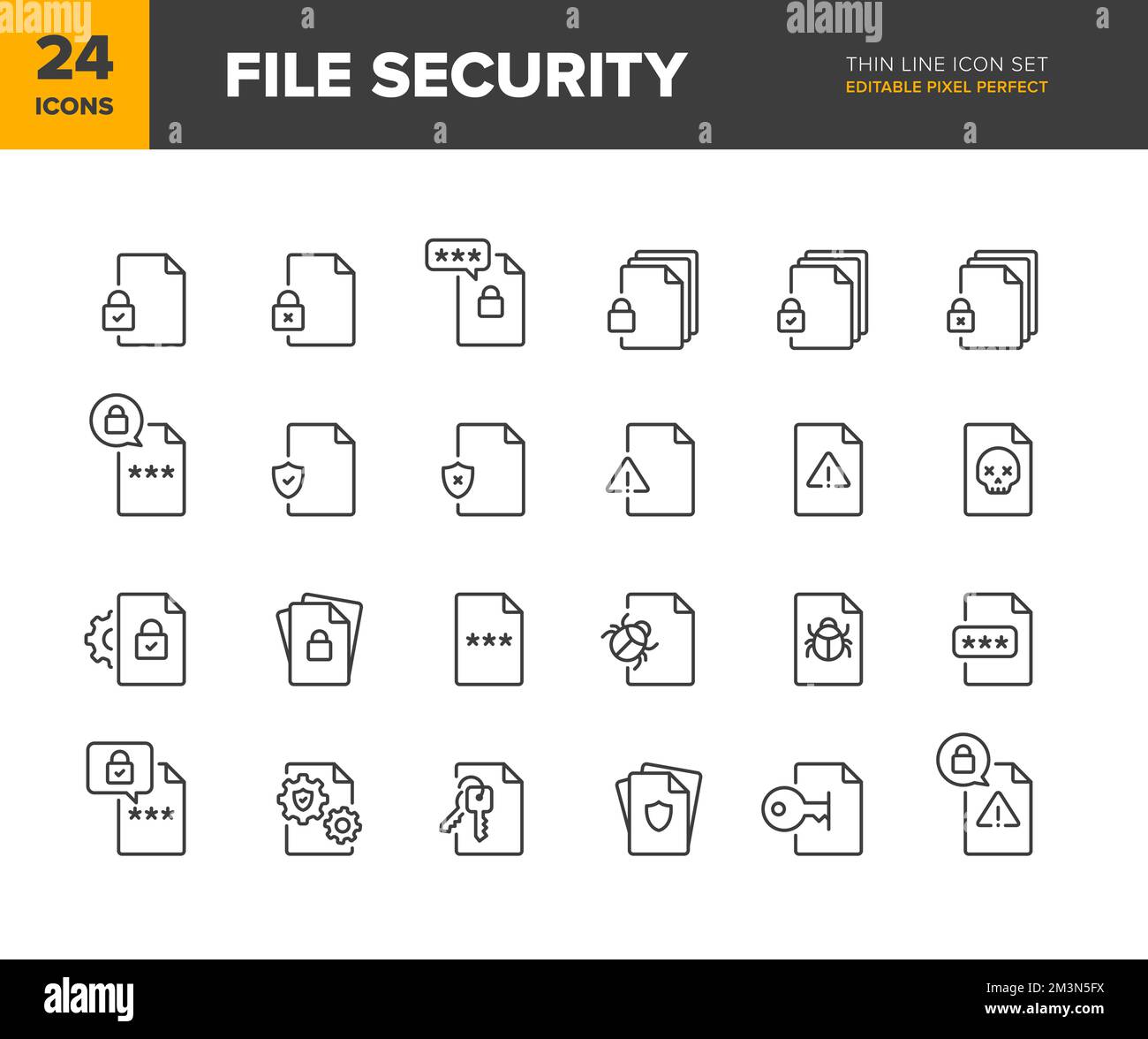File security vector line icon set. Document protection icon collection. Different variations of file secure symbol. Editable pixel perfect Stock Vector