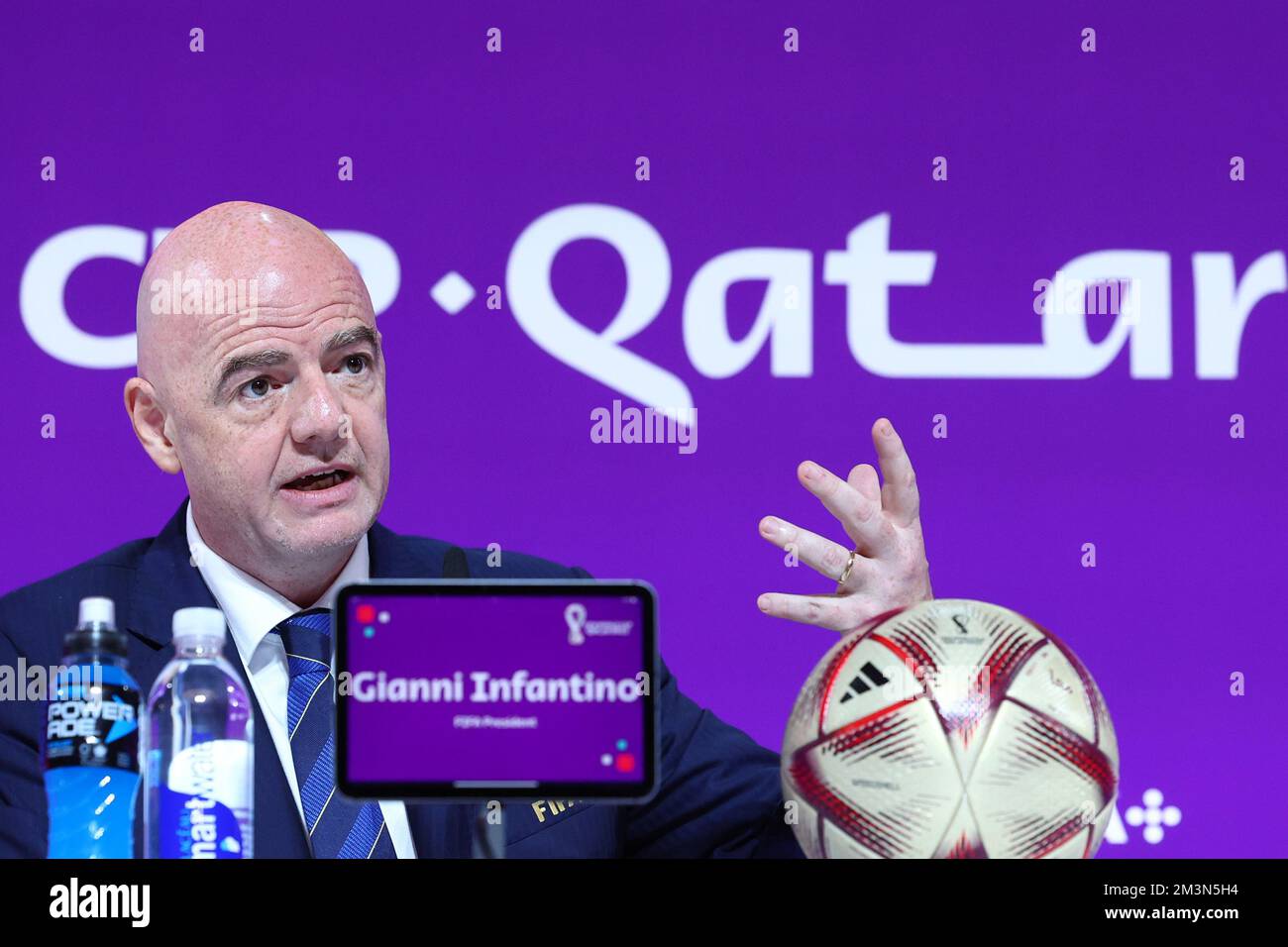 Doha, Qatar. 16th Dec, 2022. 2022 FIFA World Cup Press Conference before  Final Games Dec 16th. Gianni Infantino, President of FIFA speaking to the  press Credit: Action Plus Sports Images/Alamy Live News