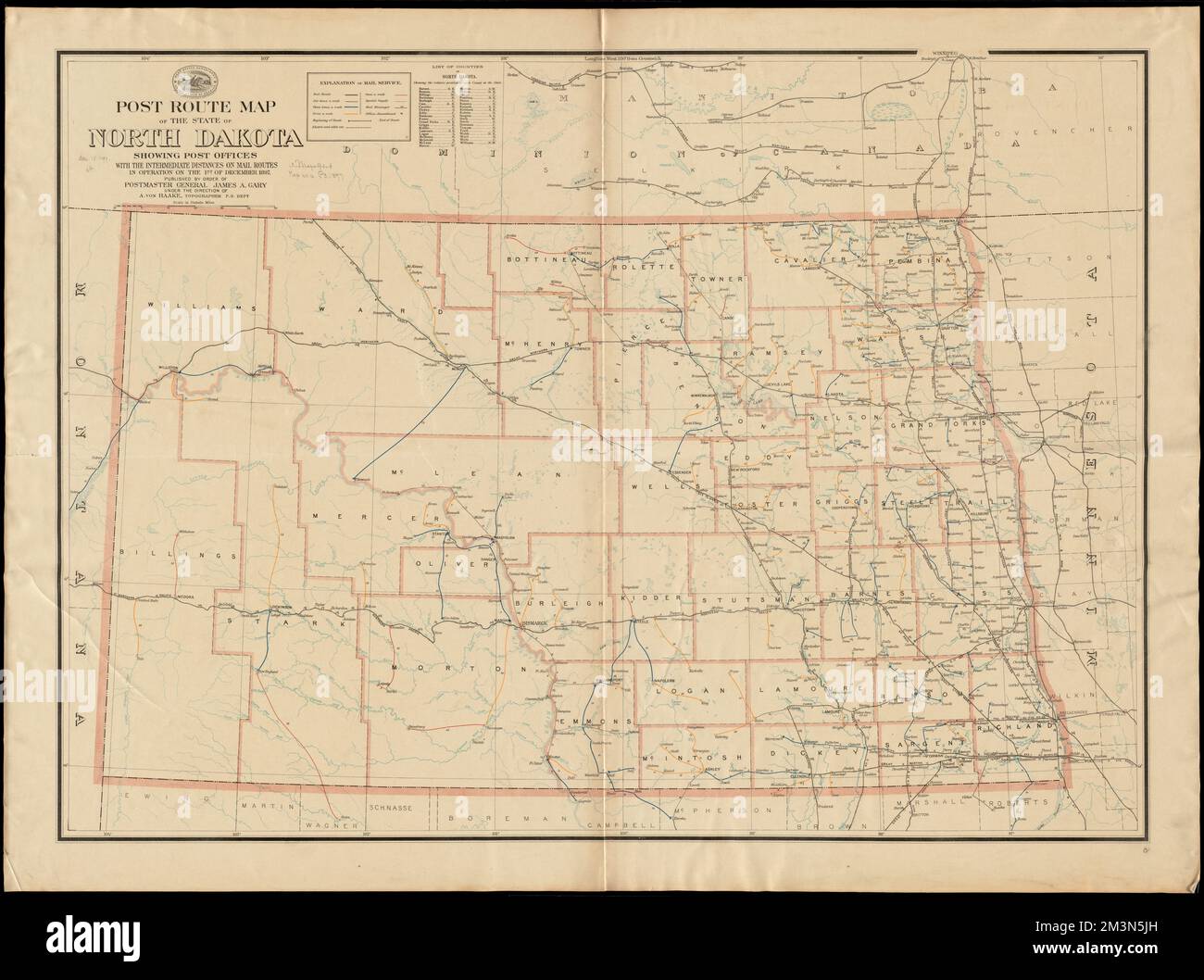 Post route map of the state of North Dakota showing post offices with