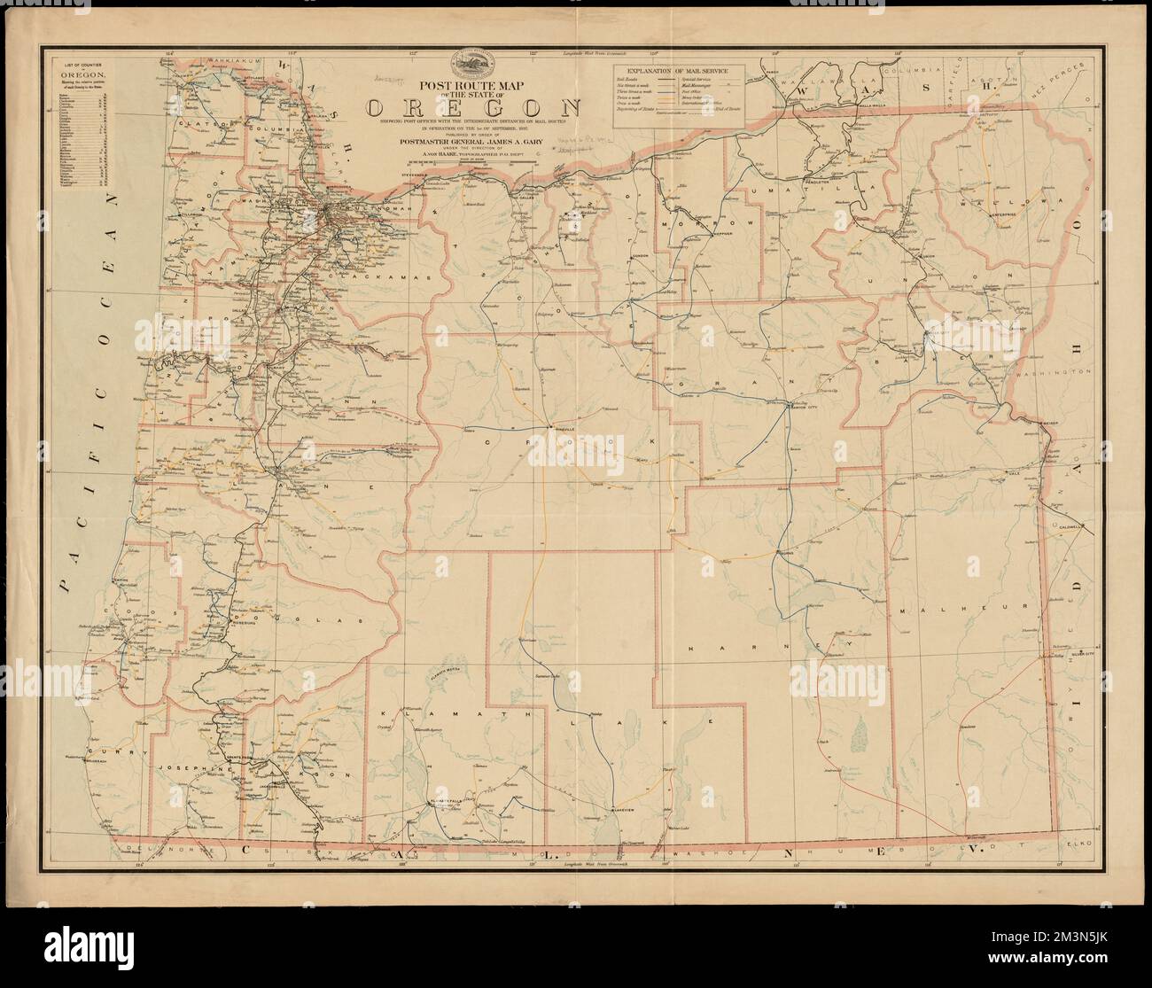 Post route map of the state of Oregon showing post offices with the