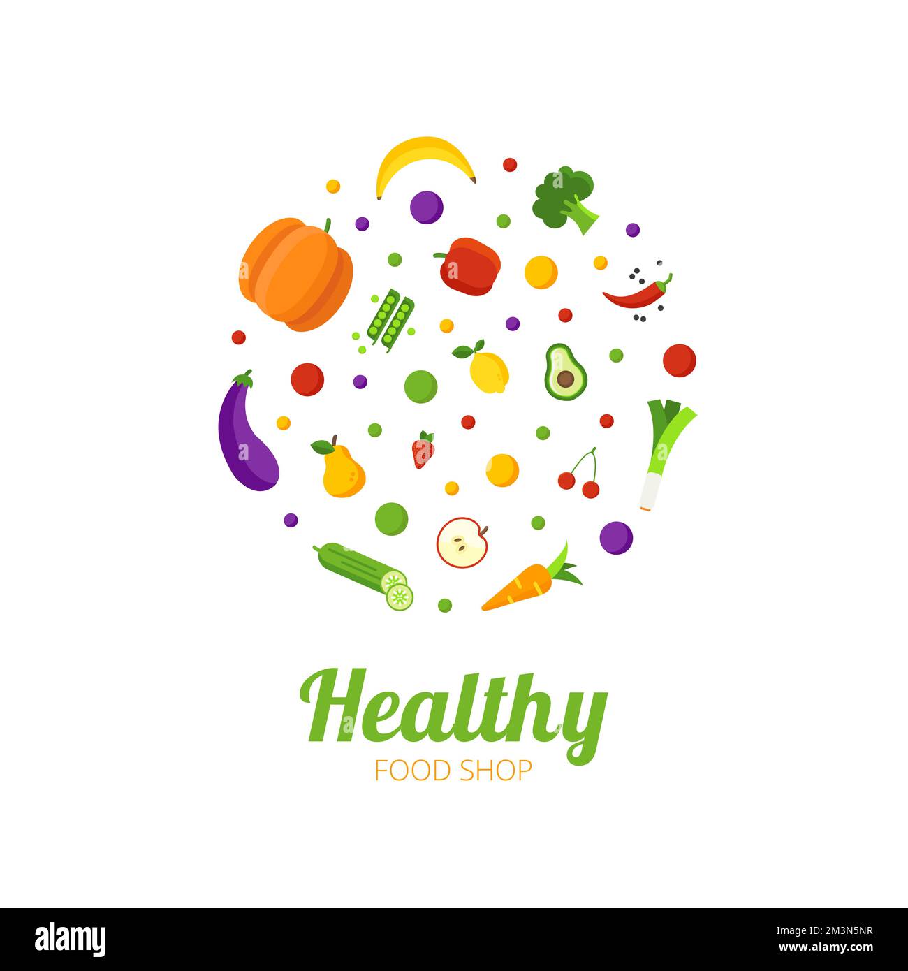 Healthy food shop logo design. Healthy food circle with different fruits and vegetables icons. Abstract logo for organic shop, vegetarian cafe. Vegan Stock Vector